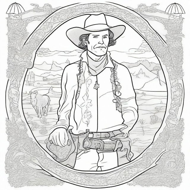 An imaginative colouring book page featuring a brave cowboy holding a shield, merging elements of the Old West with symbols of courage and protection