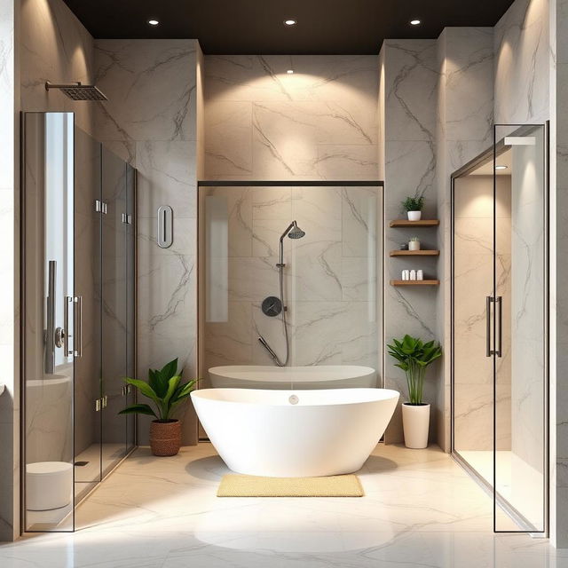 A beautifully designed bathroom showcasing a range of stylish shower doors