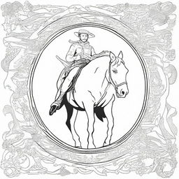 An imaginative colouring book page featuring a brave cowboy holding a shield, merging elements of the Old West with symbols of courage and protection