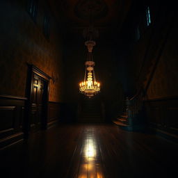 A captivating portrait of a beautiful yet eerie old mansion hall, featuring dark lighting that creates an intriguing contrast with bright glimmers of light