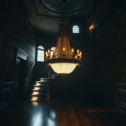 A captivating portrait of a beautiful yet eerie old mansion hall, featuring dark lighting that creates an intriguing contrast with bright glimmers of light