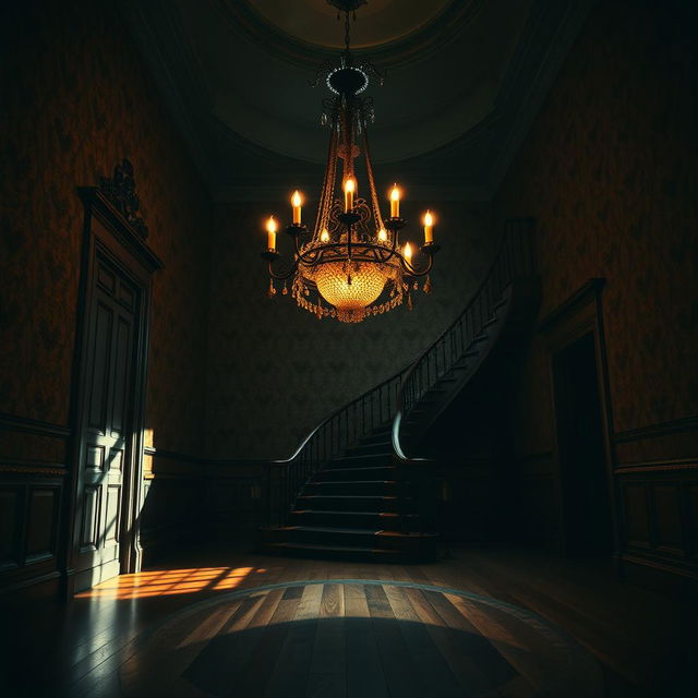 A captivating portrait of a beautiful yet eerie old mansion hall, featuring dark lighting that creates an intriguing contrast with bright glimmers of light