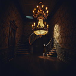 A captivating portrait of a beautiful yet eerie old mansion hall, featuring dark lighting that creates an intriguing contrast with bright glimmers of light