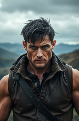 A rugged and charismatic man resembling Xaden Riorson from the book 'Fourth Wing', featuring short, messy black hair and intense brown eyes