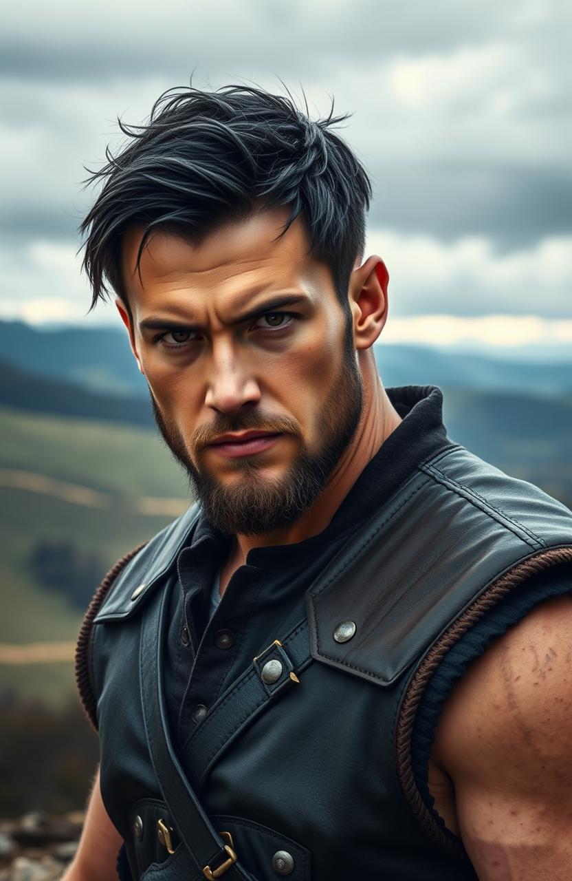 A rugged and charismatic man resembling Xaden Riorson from the book 'Fourth Wing', featuring short, messy black hair and intense brown eyes