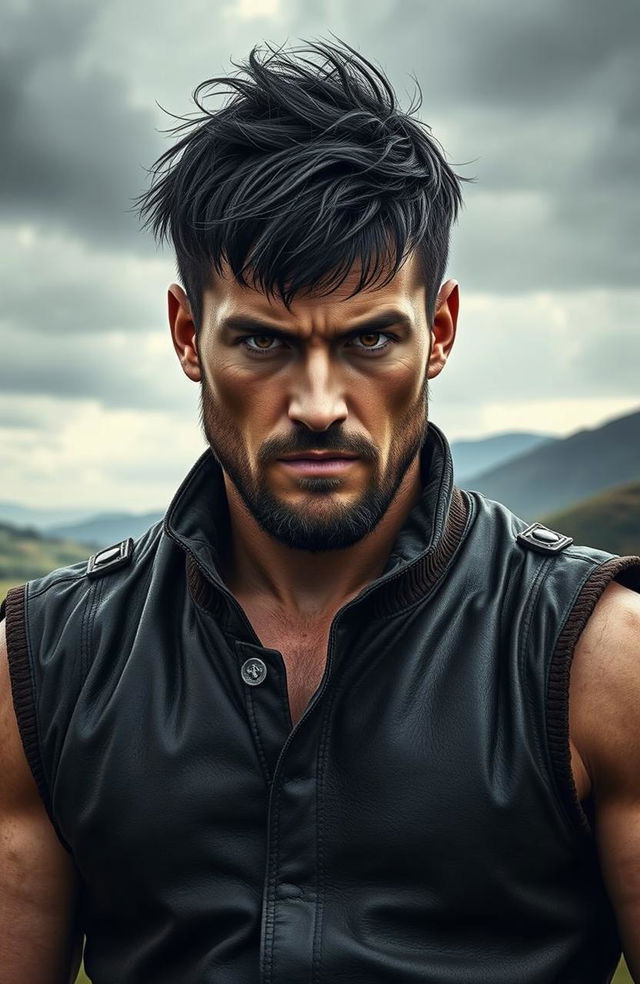 A rugged and charismatic man resembling Xaden Riorson from the book 'Fourth Wing', featuring short, messy black hair and intense brown eyes