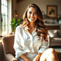 A confident, attractive woman in her mid-30s with long, wavy brunette hair, wearing a stylishly fitted white blouse that complements her curves