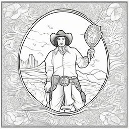 An imaginative colouring book page featuring a brave cowboy holding a shield, merging elements of the Old West with symbols of courage and protection