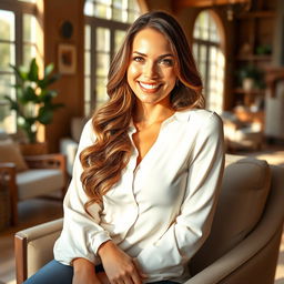 A confident, attractive woman in her mid-30s with long, wavy brunette hair, wearing a stylishly fitted white blouse that complements her curves