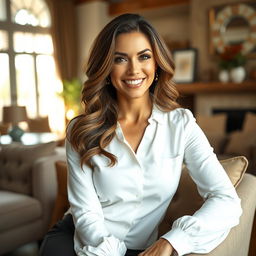 A confident, attractive woman in her mid-30s with long, wavy brunette hair, wearing a stylishly fitted white blouse that complements her curves