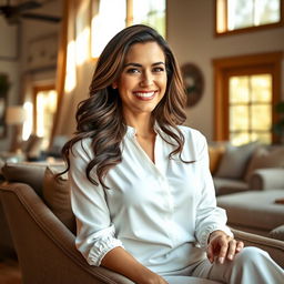 A confident, attractive woman in her mid-30s with long, wavy brunette hair, wearing a stylishly fitted white blouse that complements her curves
