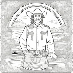 An imaginative colouring book page featuring a brave cowboy holding a shield, merging elements of the Old West with symbols of courage and protection