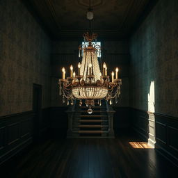 A mesmerizing portrait of a beautiful yet slightly eerie old mansion hall, featuring an atmosphere that is both gloomy and bright