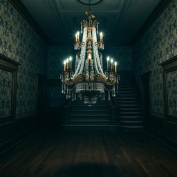 A mesmerizing portrait of a beautiful yet slightly eerie old mansion hall, featuring an atmosphere that is both gloomy and bright