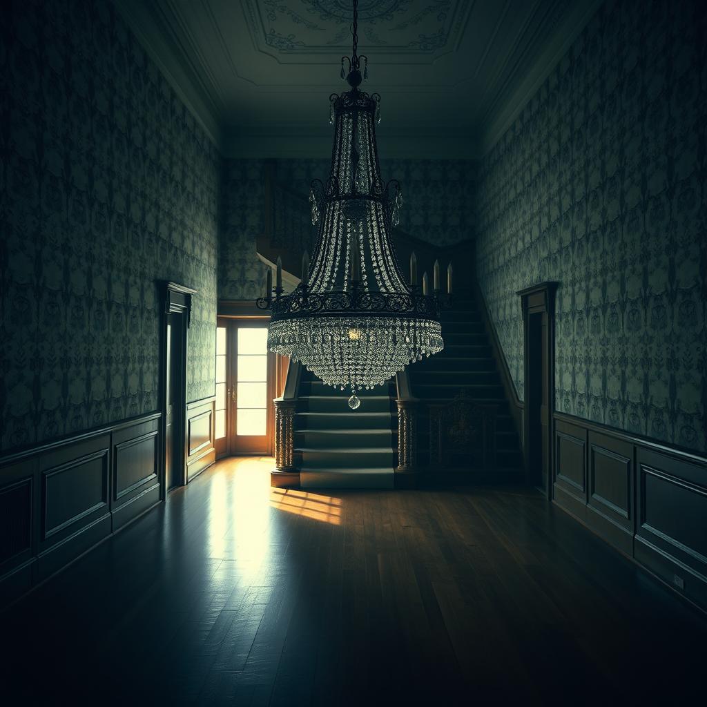 A mesmerizing portrait of a beautiful yet slightly eerie old mansion hall, featuring an atmosphere that is both gloomy and bright