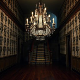 A mesmerizing portrait of a beautiful yet slightly eerie old mansion hall, featuring an atmosphere that is both gloomy and bright