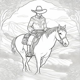 A colouring book page depicting a unique scene of a cowboy carrying a shield, offering a creative blend of Western and fantasy themes