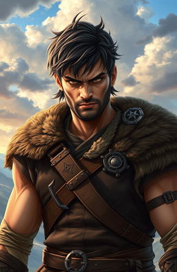 A 25-year-old male character resembling Xaden Riorson from the book 'Fourth Wing', with short messy black hair and deep brown eyes