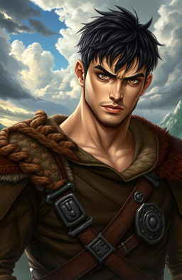 A 25-year-old male character resembling Xaden Riorson from the book 'Fourth Wing', with short messy black hair and deep brown eyes