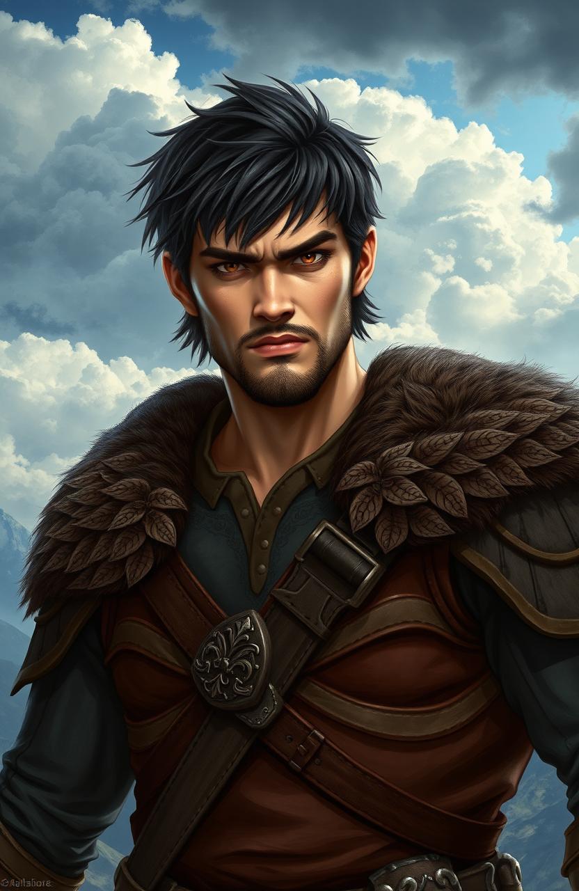 A 25-year-old male character resembling Xaden Riorson from the book 'Fourth Wing', with short messy black hair and deep brown eyes