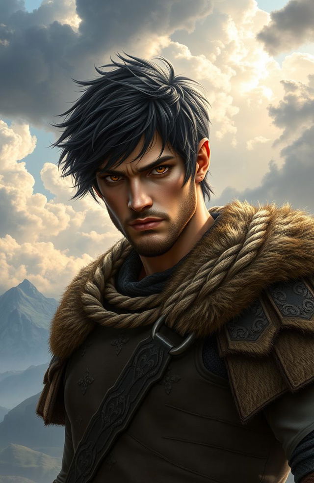 A 25-year-old male character resembling Xaden Riorson from the book 'Fourth Wing', with short messy black hair and deep brown eyes