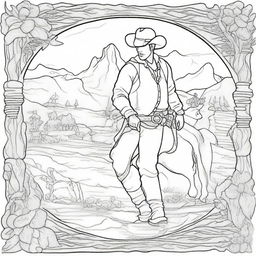 A colouring book page depicting a unique scene of a cowboy carrying a shield, offering a creative blend of Western and fantasy themes