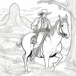 A colouring book page depicting a unique scene of a cowboy carrying a shield, offering a creative blend of Western and fantasy themes