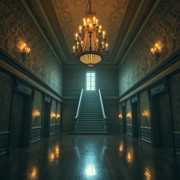 A breathtaking portrait of a beautiful yet old creepy mansion hall, expansive and filled with intricate hallways that stretch into the distance