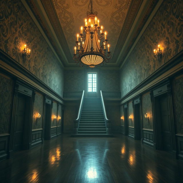 A breathtaking portrait of a beautiful yet old creepy mansion hall, expansive and filled with intricate hallways that stretch into the distance