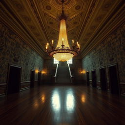 A breathtaking portrait of a beautiful yet old creepy mansion hall, expansive and filled with intricate hallways that stretch into the distance