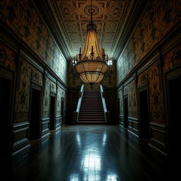 A breathtaking portrait of a beautiful yet old creepy mansion hall, expansive and filled with intricate hallways that stretch into the distance