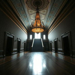 A breathtaking portrait of a beautiful yet old creepy mansion hall, expansive and filled with intricate hallways that stretch into the distance