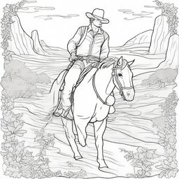 A colouring book page depicting a unique scene of a cowboy carrying a shield, offering a creative blend of Western and fantasy themes