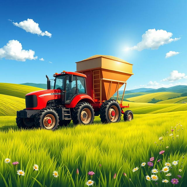 A vibrant and detailed illustration of a tractor pulling a large agricultural hopper (tolva) in a lush green field