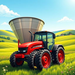 A vibrant and detailed illustration of a tractor pulling a large agricultural hopper (tolva) in a lush green field