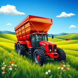 A vibrant and detailed illustration of a tractor pulling a large agricultural hopper (tolva) in a lush green field