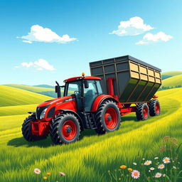 A vibrant and detailed illustration of a tractor pulling a large agricultural hopper (tolva) in a lush green field