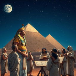 A captivating scene depicting Pharaoh Khufu engaged in stargazing with a group of ancient Egyptian astronomers under a clear night sky