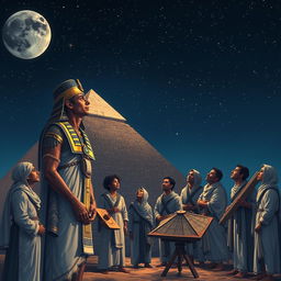 A captivating scene depicting Pharaoh Khufu engaged in stargazing with a group of ancient Egyptian astronomers under a clear night sky