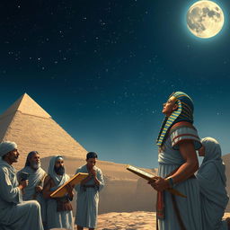 A captivating scene depicting Pharaoh Khufu engaged in stargazing with a group of ancient Egyptian astronomers under a clear night sky
