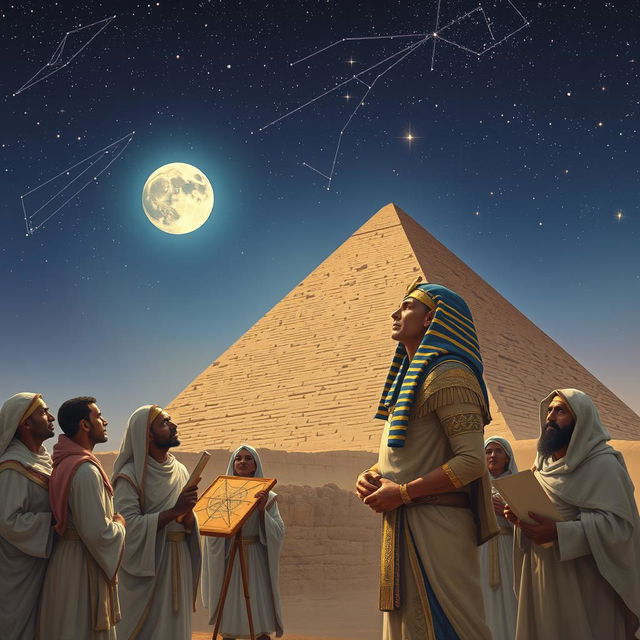 A captivating scene depicting Pharaoh Khufu engaged in stargazing with a group of ancient Egyptian astronomers under a clear night sky