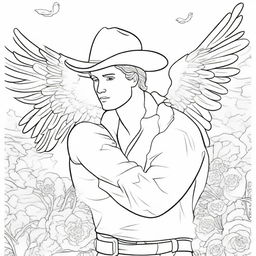 A deeply touching colouring book page illustrating a guardian angel enveloping a cowboy in a protective embrace.