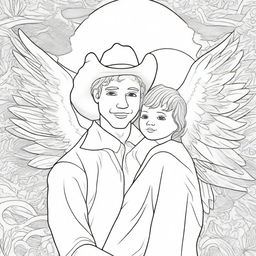 A deeply touching colouring book page illustrating a guardian angel enveloping a cowboy in a protective embrace.