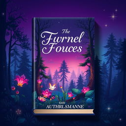 A captivating book cover design featuring a mystical forest scene at twilight, with vibrant, glowing plants and magical creatures peeking through the trees