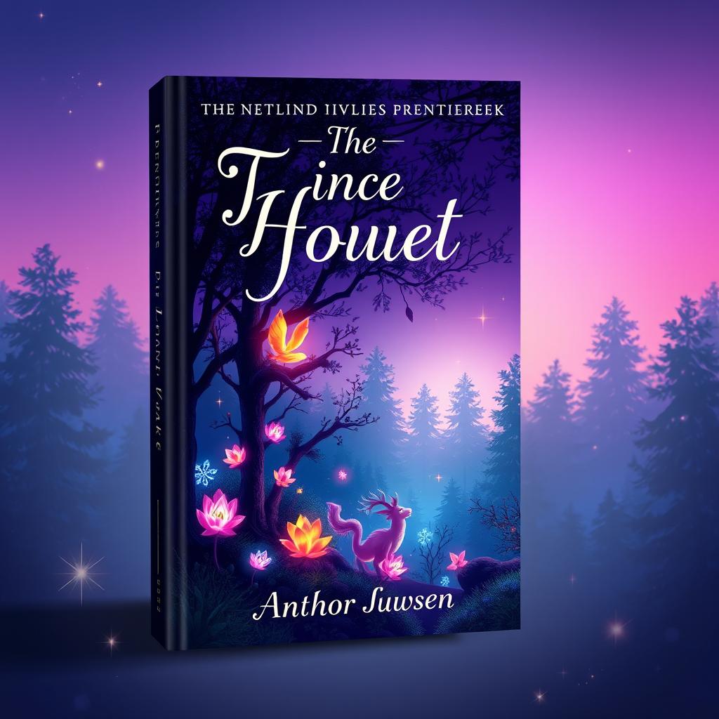 A captivating book cover design featuring a mystical forest scene at twilight, with vibrant, glowing plants and magical creatures peeking through the trees