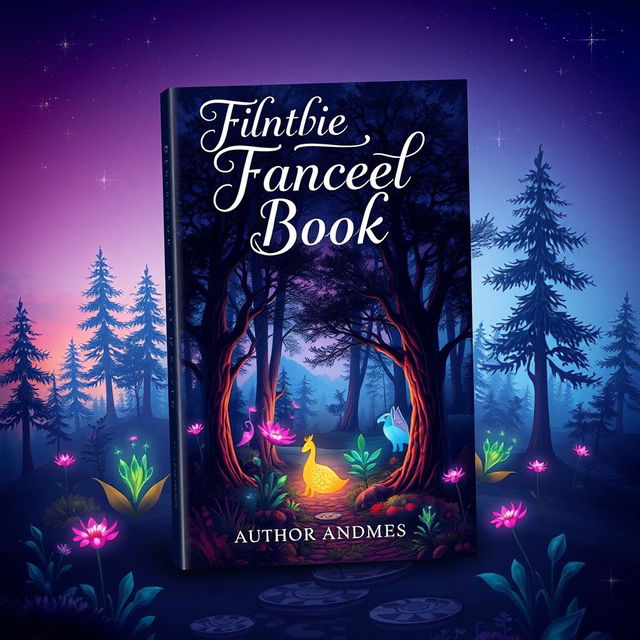 A captivating book cover design featuring a mystical forest scene at twilight, with vibrant, glowing plants and magical creatures peeking through the trees