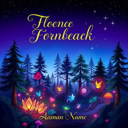 A captivating book cover design featuring a mystical forest scene at twilight, with vibrant, glowing plants and magical creatures peeking through the trees