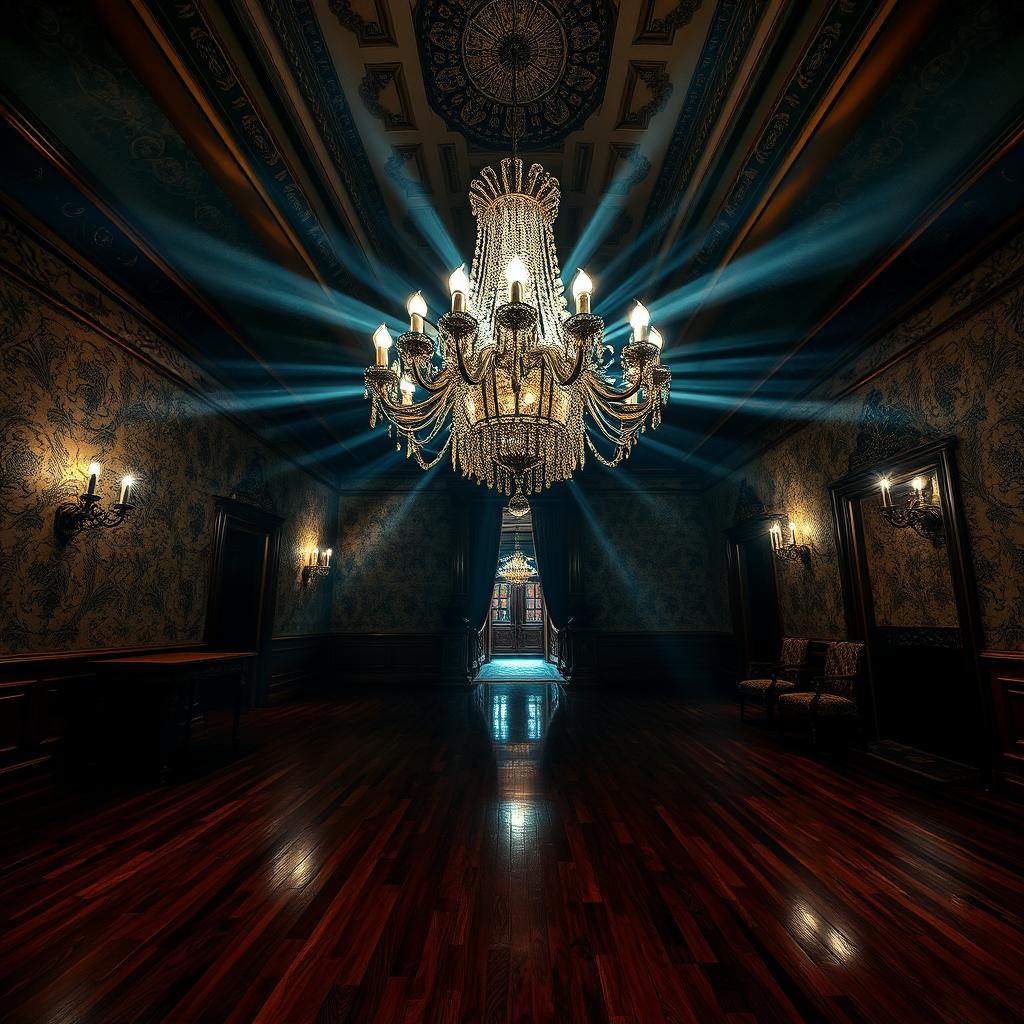 A striking portrait of a beautiful yet old creepy mansion hall, showcasing a dark and gloomy atmosphere interspersed with bright lighting that creates a captivating contrast