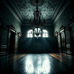 A striking portrait of a beautiful yet old creepy mansion hall, showcasing a dark and gloomy atmosphere interspersed with bright lighting that creates a captivating contrast