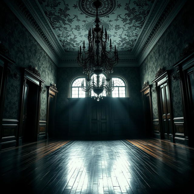 A striking portrait of a beautiful yet old creepy mansion hall, showcasing a dark and gloomy atmosphere interspersed with bright lighting that creates a captivating contrast